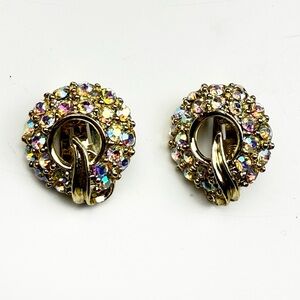 Vintage Aurora Borealis Rhinestone Clip On Earrings Gold Tone Unmarked EUC